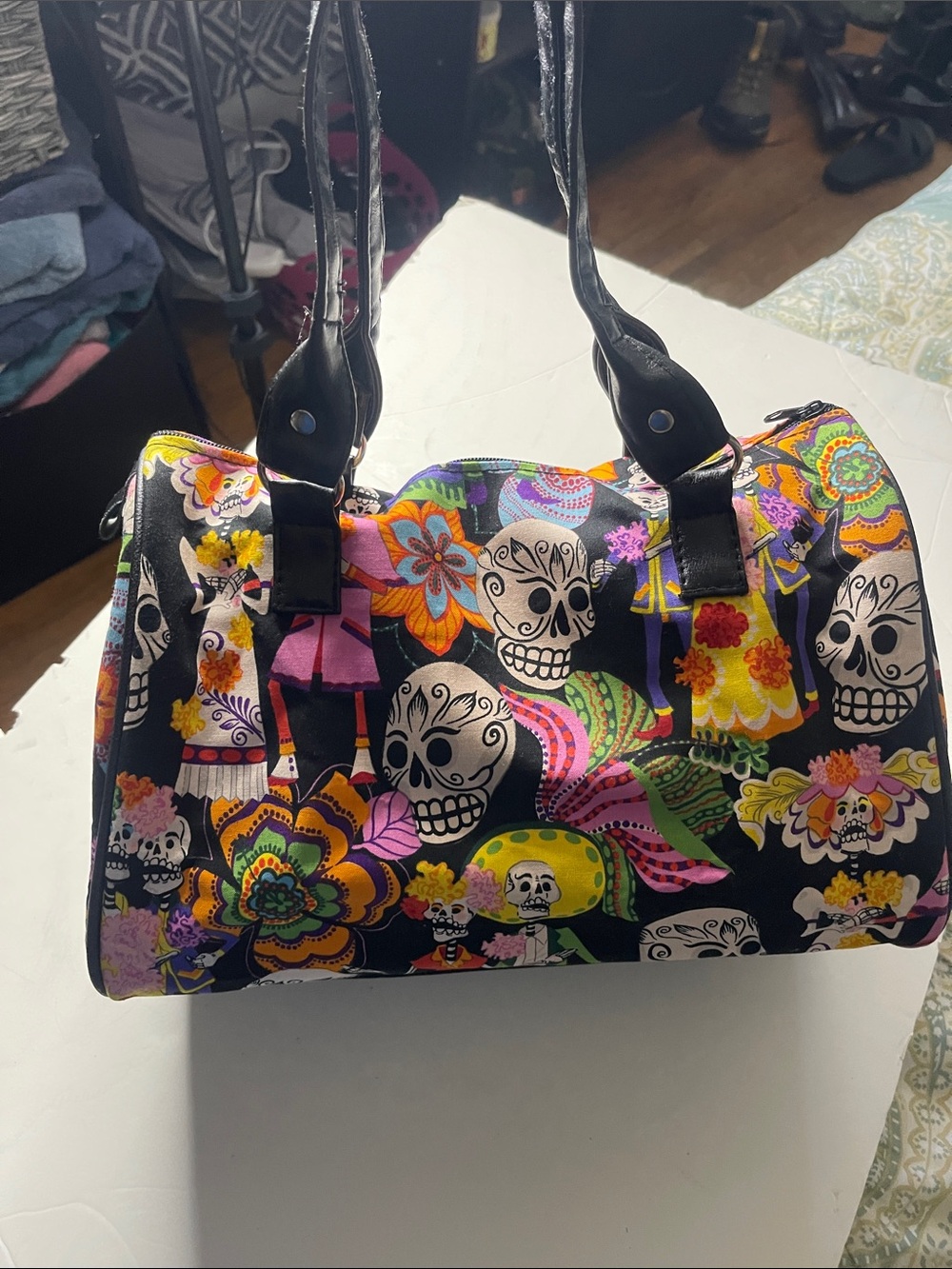Colorful Sugar Skull Satchel Bag - Black